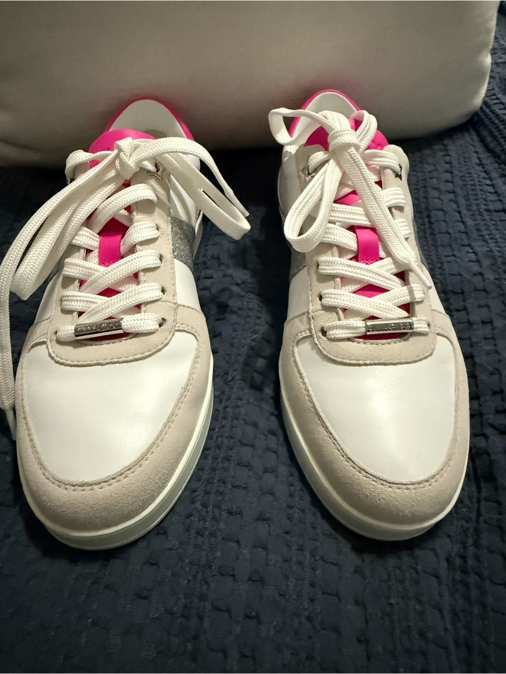 Jimmy Choo White and Hot Pink Leather & Suede Sneakers